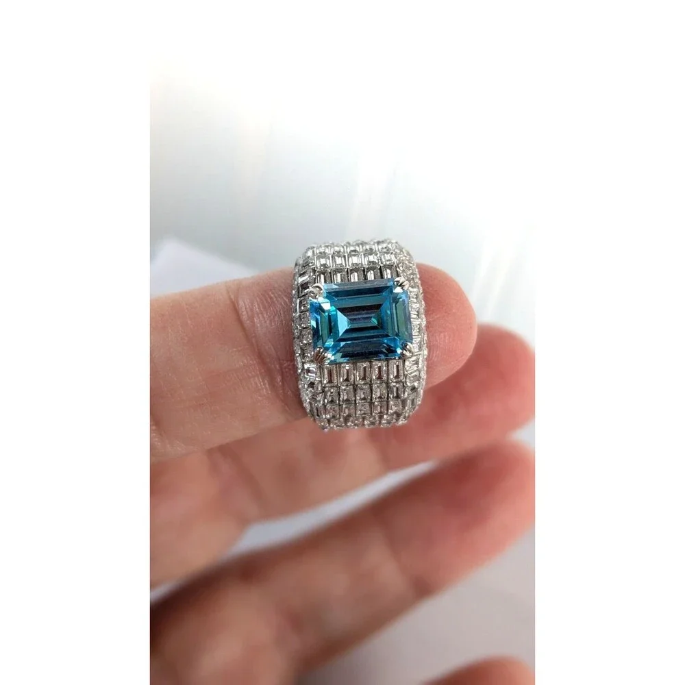 Emerald Cut Lab Created Blue Sapphire Baguette Eternity Ring  Silver Size 5